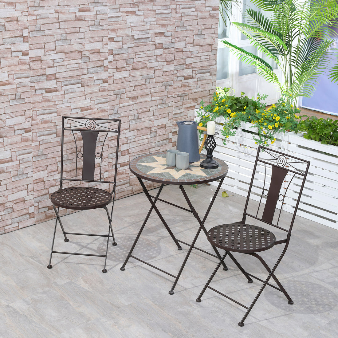 3-Piece Patio Bistro Set, Mosaic Table and 2 Armless Chairs with Foldable Design, Metal Frame for Garden, Poolside, Coffee