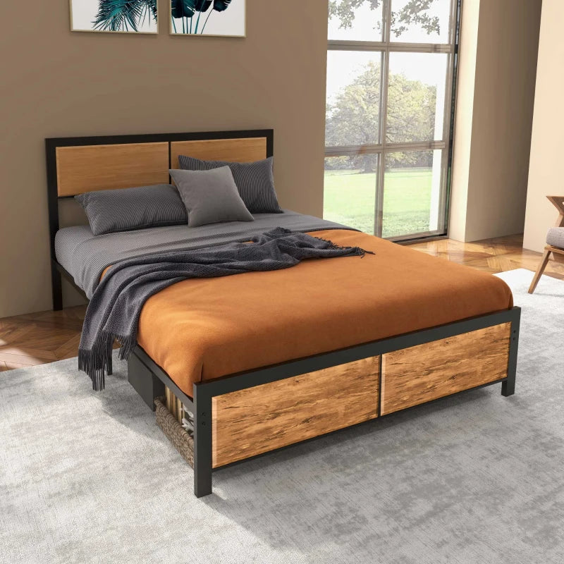 Industrial King Size Bed Frame, 5FT Steel Bed Base with Headboard, Footboard, Slatted Support and Under Bed Storage, 160 x 207cm, Rustic Brown