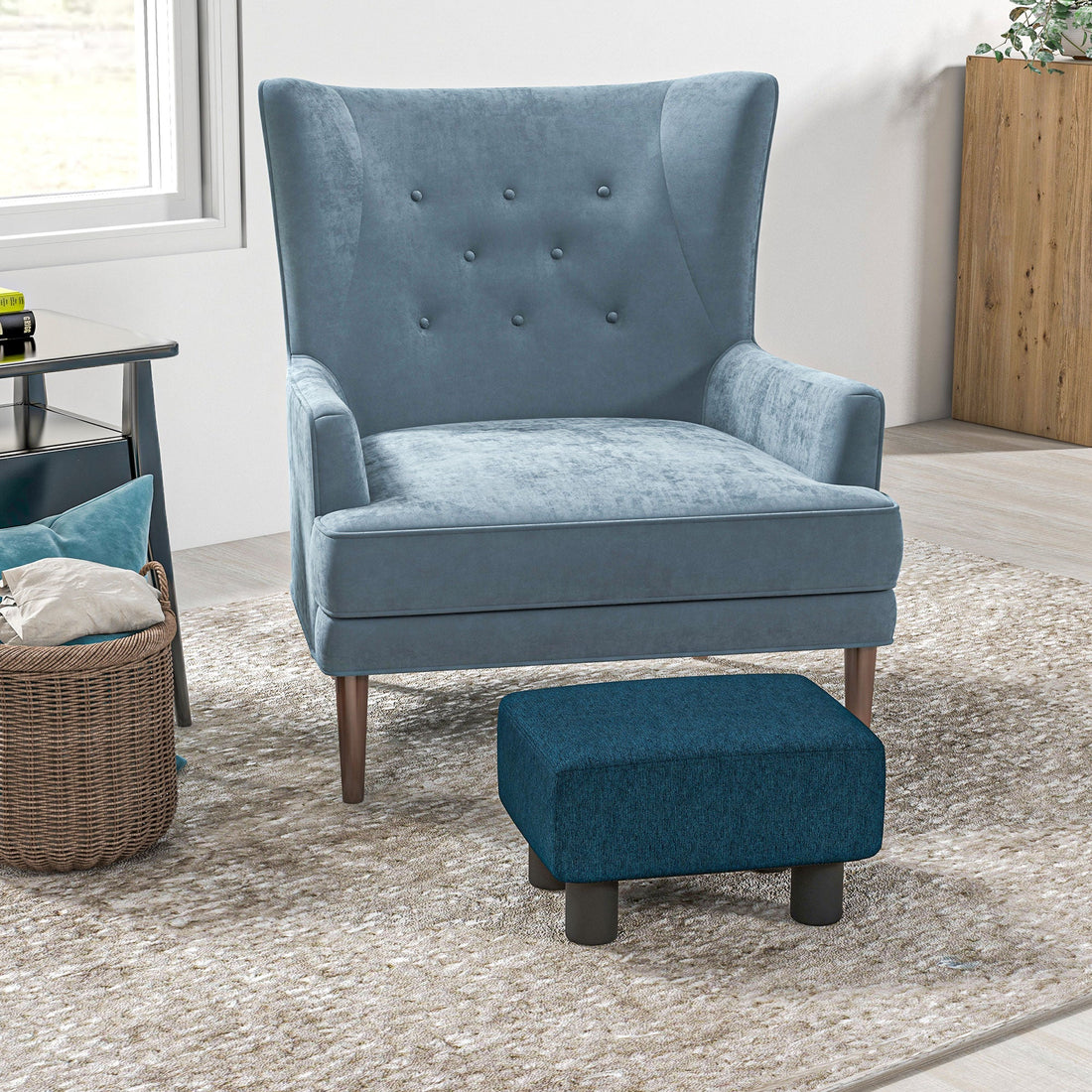 Linen Fabric Footstool Ottoman Cube with 4 Plastic Legs, Blue