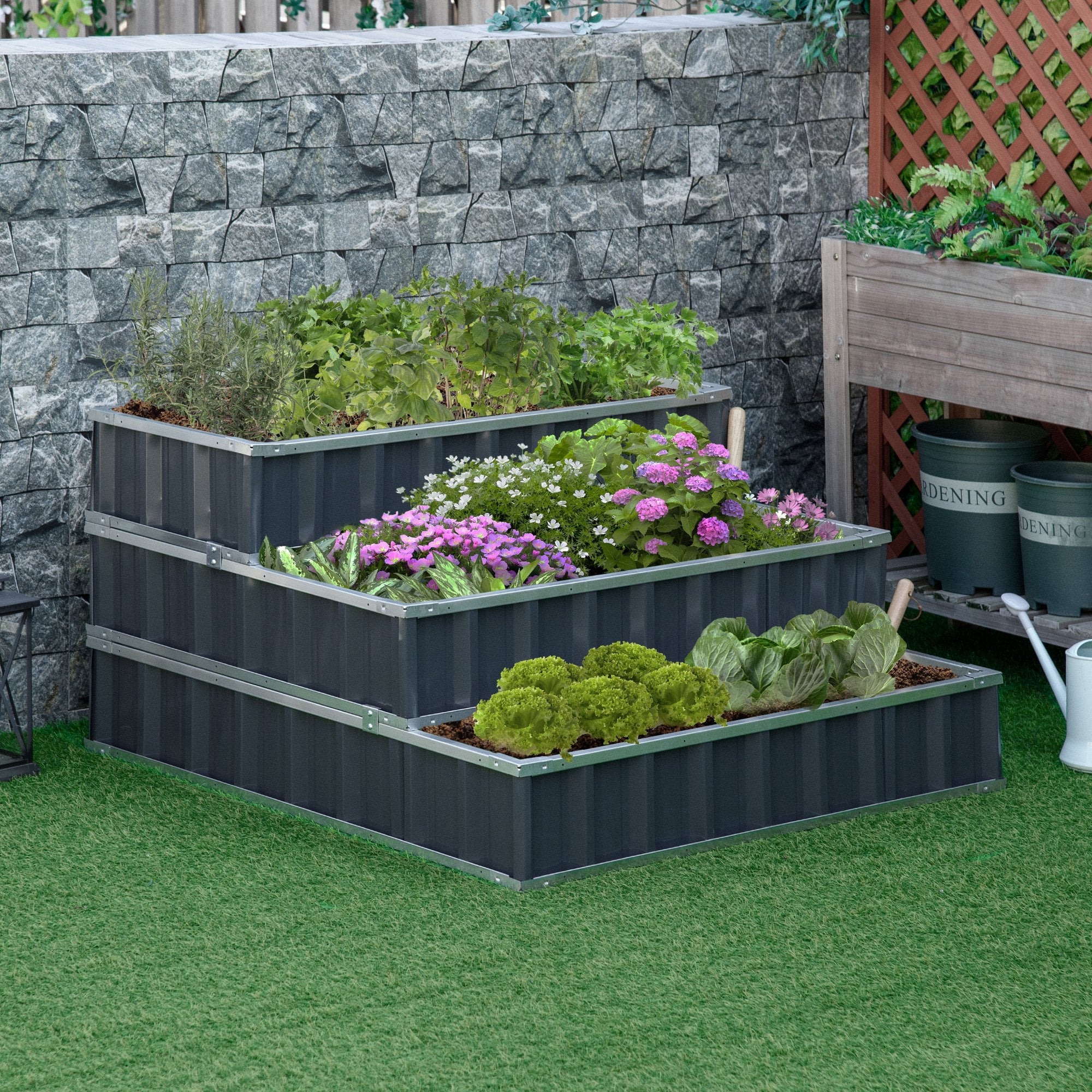 3 Tier Raised Garden Bed, Metal Elevated Planer Box Kit Flower Pot w/ A Pairs of Glove for Garden, Patio to Grow Vegetables, Herbs, Flowers, 118 x 118 x 62 cm, Grey