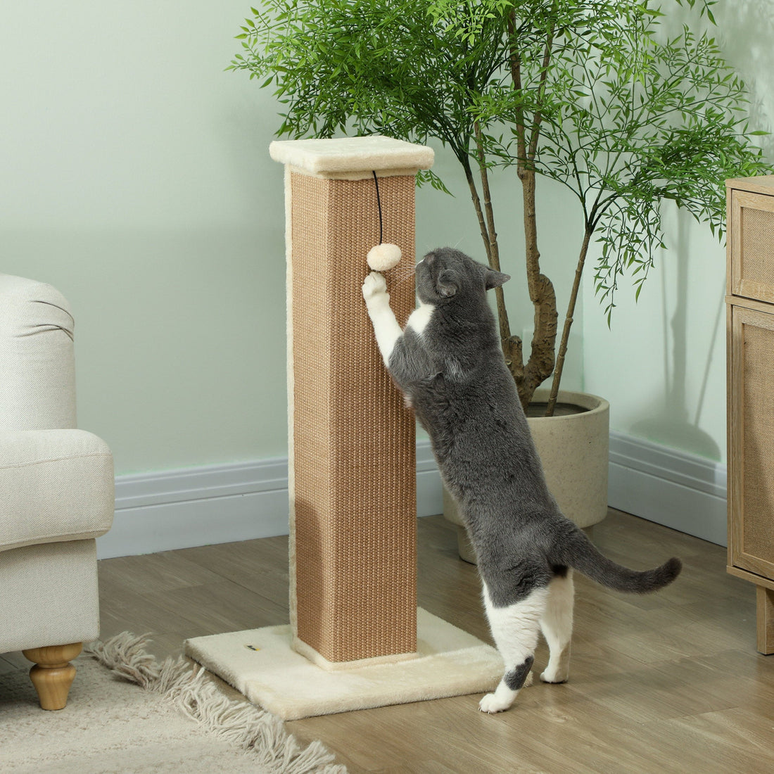 81cm Cat Scratcher, Vertical Full Scratcher w/ Natural Jute Rope, Hanging Ball, Soft Plush - Beige