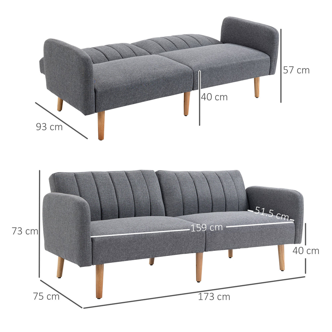 3 Seater Sofa Bed, Convertible Linen Fabric Sofa Couch, Click Clack Sofabed with Adjustable Split Backrest for Living Room, Bedroom, Guest Room, Grey