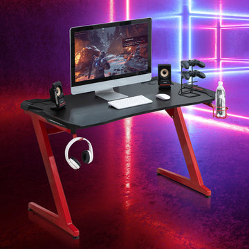 122 x 66 cm Gaming Desk, Carbon Fibre Covered Computer Desk, Gamer Workstation with Headphone Hook, Cup Holder and Gamepad Storage Rack, Black and Red