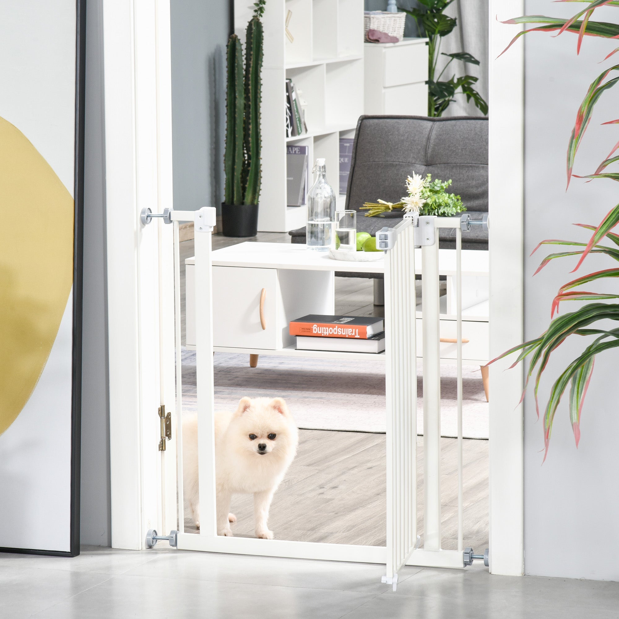 Pressure Fit Safety Gate, Adjustable Dog Gate, Pet Barrier for for Doorways, Staircases and Hallways with Auto Close, Double Locking, Opening 74-80cm, White