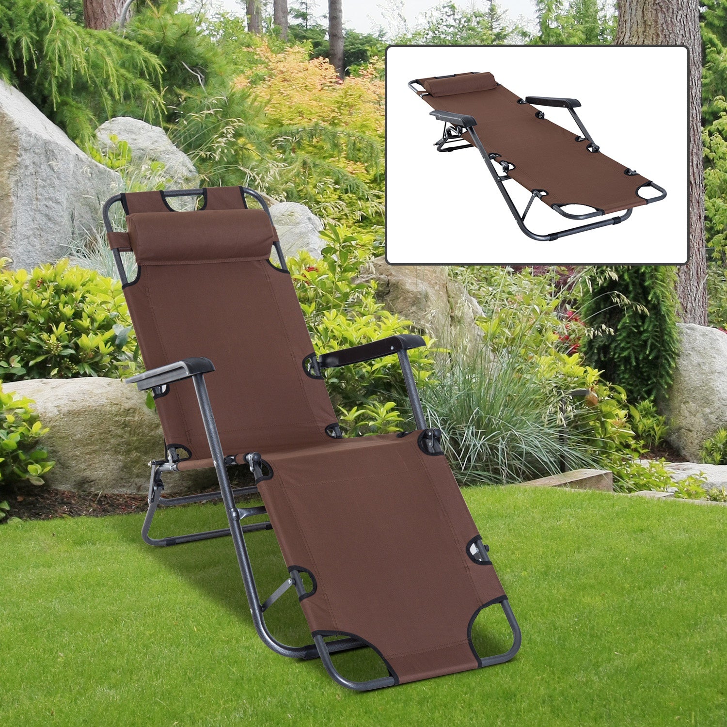2 in 1 Sun Lounger Folding Reclining Chair Garden Outdoor Camping Adjustable Back with Pillow, Brown