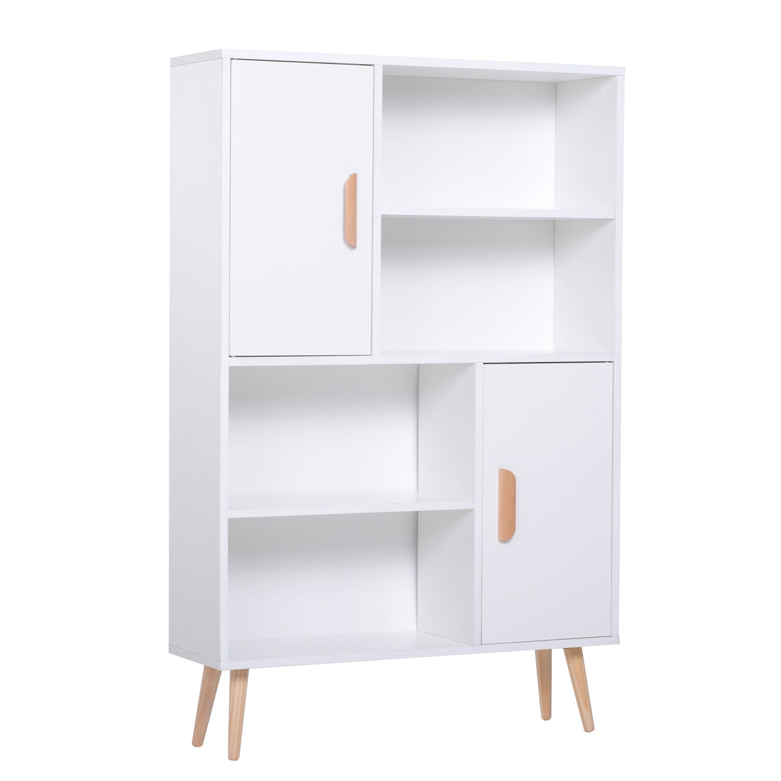 Sideboard Bookshelf Free Standing Bookcase Shelves Unit Display Storage Cabinet w/ Adjustable Shelves, Wooden Leg, Two Doors, White