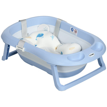 Foldable Baby Bathtub, with Non-Slip Support Legs, Cushion Pad, Shower Holder - Blue
