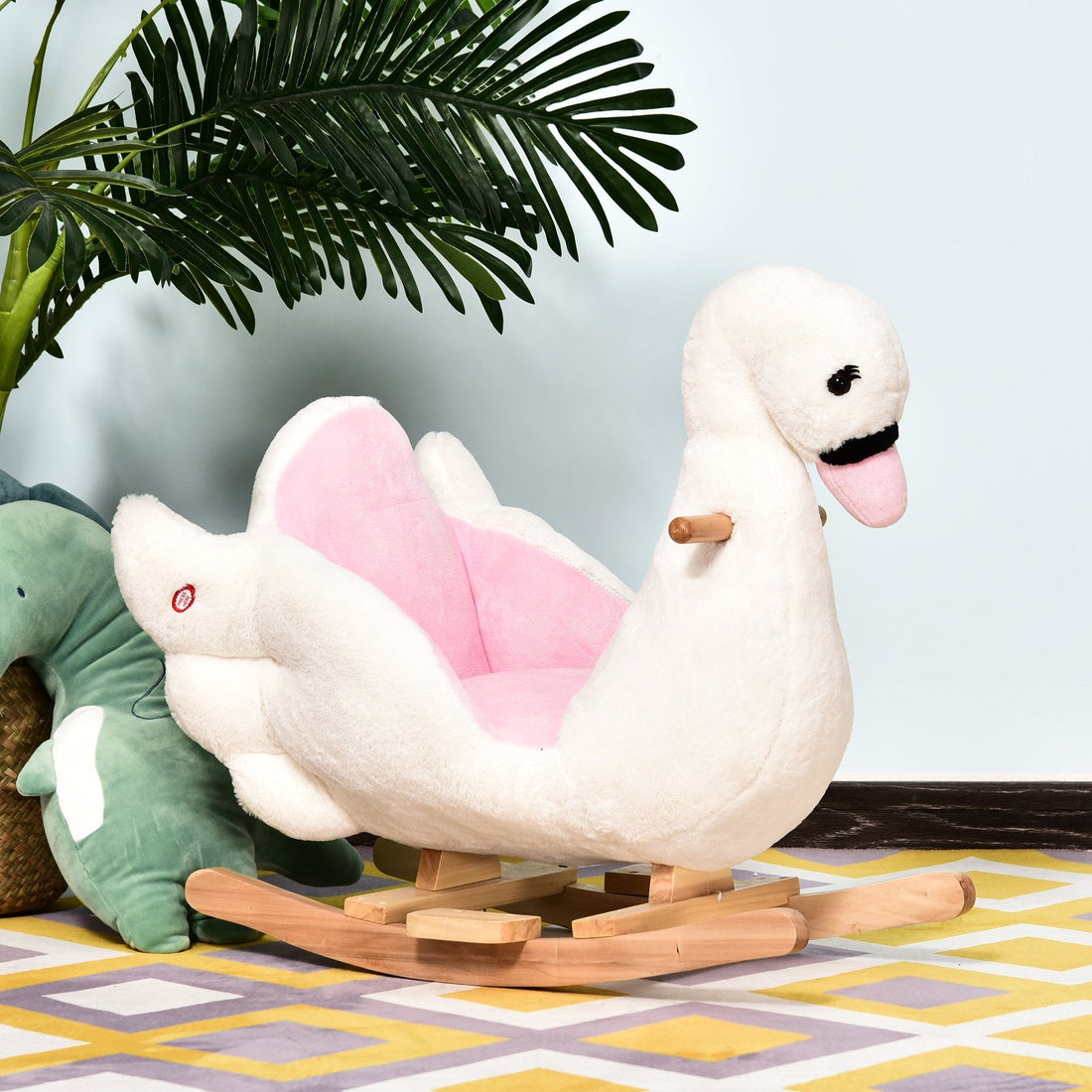 Kids Rocking Horse Plush Ride On Swan Toy w/ Safety Seat for Toddler 18 Months +, White and Pink