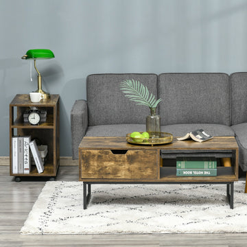 Industrial Coffee Table, Centre Table with Storage Shelf, Drawer and Metal Frame, Coffee Tables for Living Room, Office, 106W x 48D x 43H cm, Rustic Brown