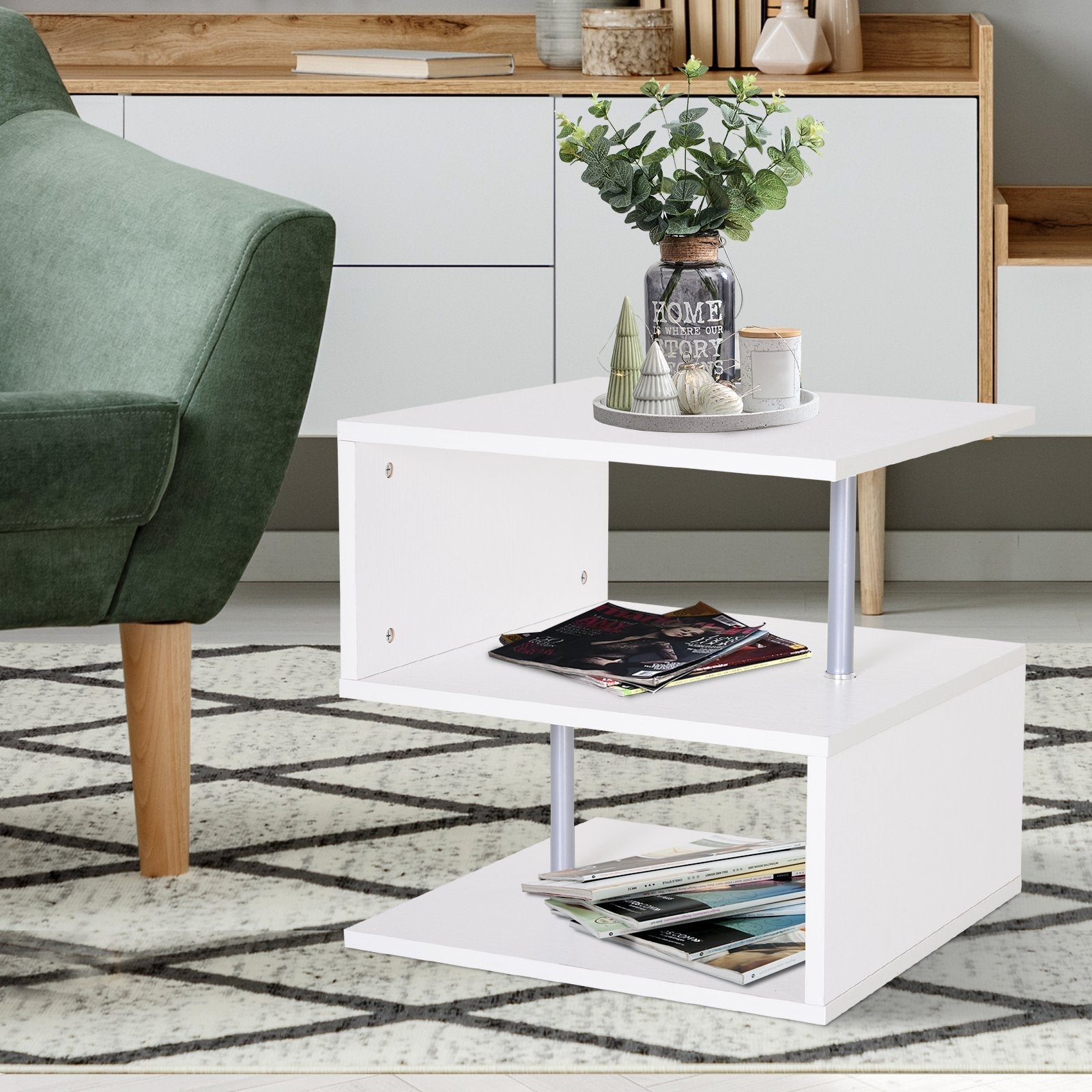 Wooden S Shape Cube Coffee Table 2 Tier Storage Shelves Organizer Office Bookcase Living Room End Desk Stand Display (White)