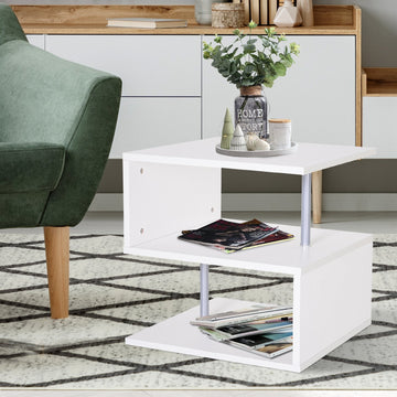 Wooden S Shape Cube Coffee Table 2 Tier Storage Shelves Organizer Office Bookcase Living Room End Desk Stand Display (White)
