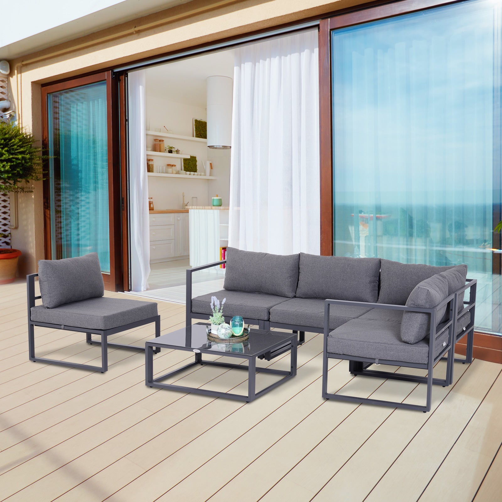 6 PCs Outdoor Indoor Sectional Corner Sofa Set Thick Padded Cushions Aluminium Frame 5 Seaters 1 Coffee Table Grey