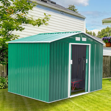 9 x 6ft Metal Garden Shed, Outdoor Storage Tool House with Ventilation Slots, Foundation Kit and Lockable Double Doors, Green