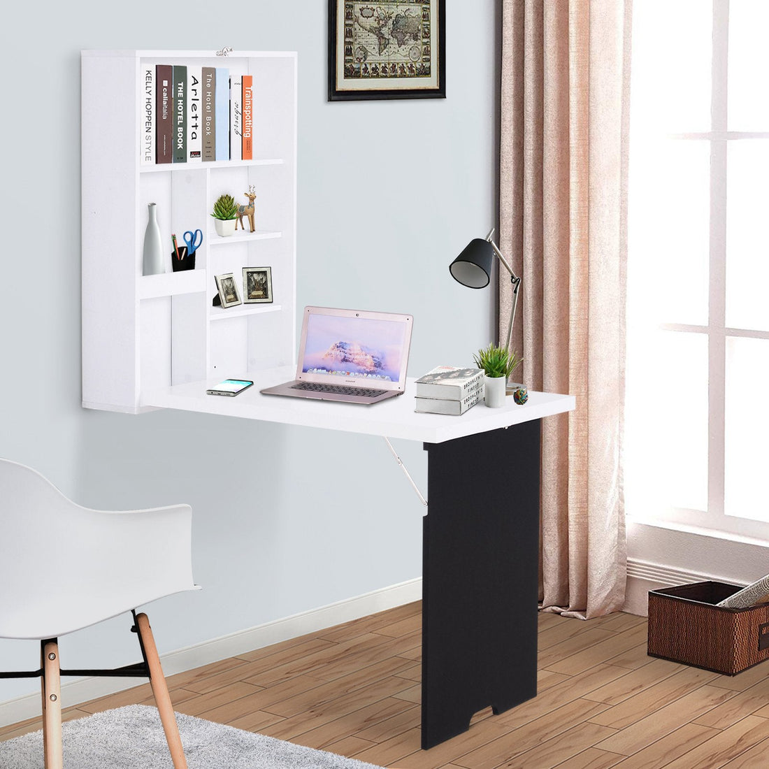 Folding Wall-Mounted Drop-Leaf Table, Convertible Wall Table With Chalkboard and Storage Shelf, Multifunctional Floating Desk for Home Office, White