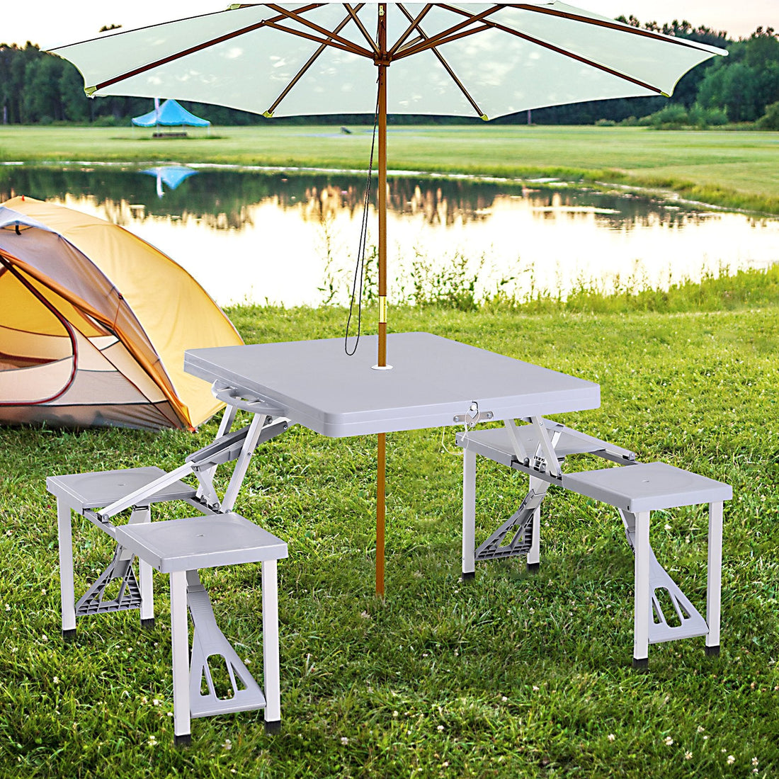 Aluminium PP 4-Seater Portable Picnic Table and Bench Set Silver