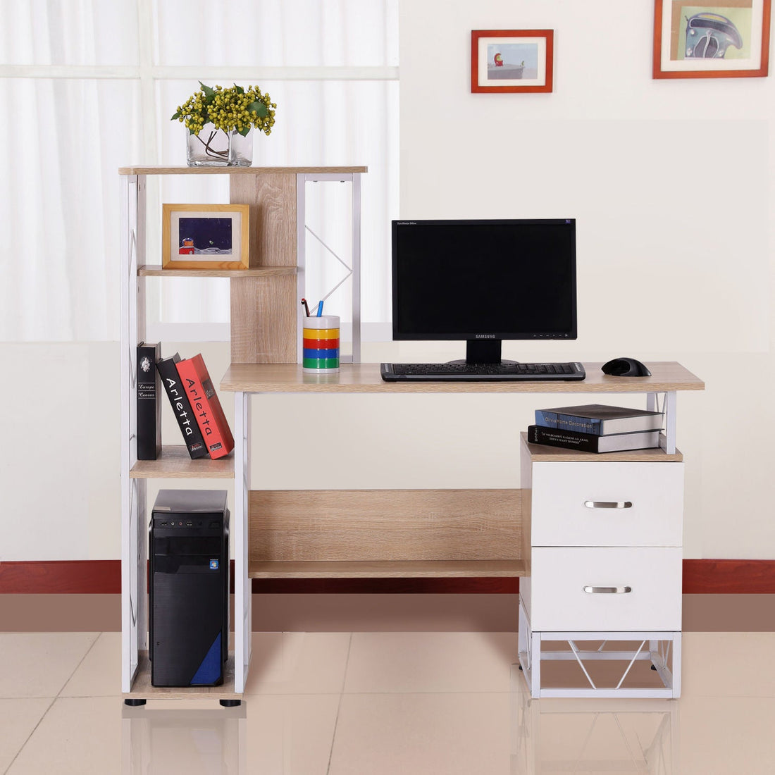 Computer Desk with Drawers and Bookshelf, Writing Desk for Home Office with Storage Shelves, Study Workstation, Oak