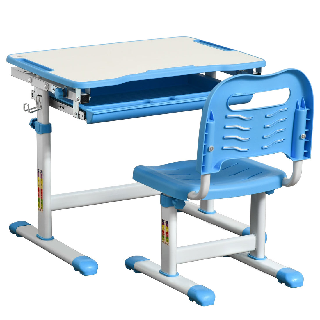 Kids Desk and Chair Set, Height Adjustable Student Writing Desk, Children School Study Table with Tiltable Desktop, Drawer, Pen Slot, Hook - Blue