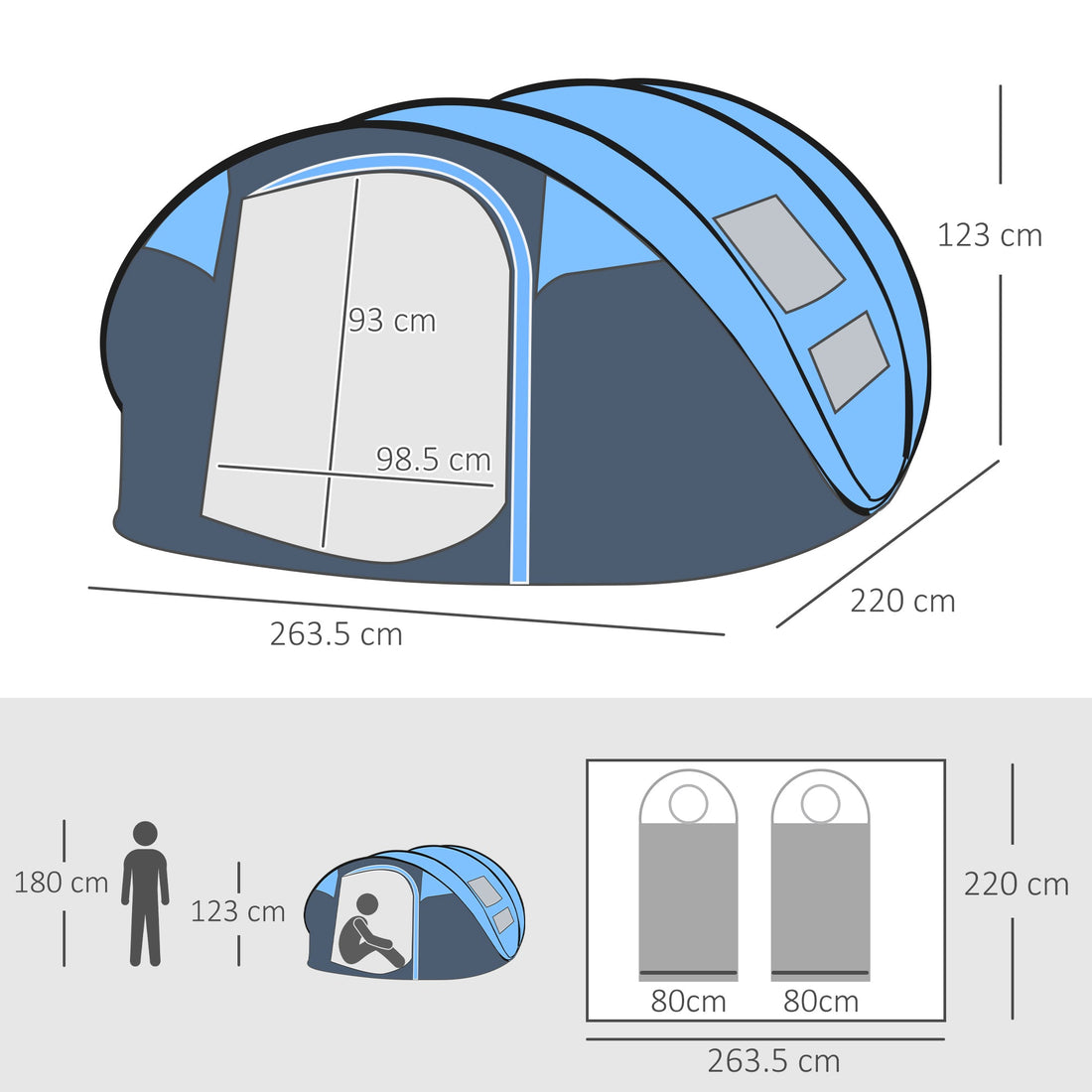 4-5 Person Pop-up Camping Tent Family Tent w/ 2 Mesh Windows & PVC Windows Portable Carry Bag for Outdoor Trip, Sky Blue