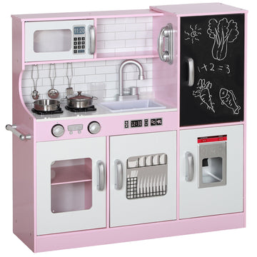 Pretend Play Kitchen, Kids Kitchen Playset w/ Toy Phone, Chalkboard, Microwave, Cooking Stove, Sink