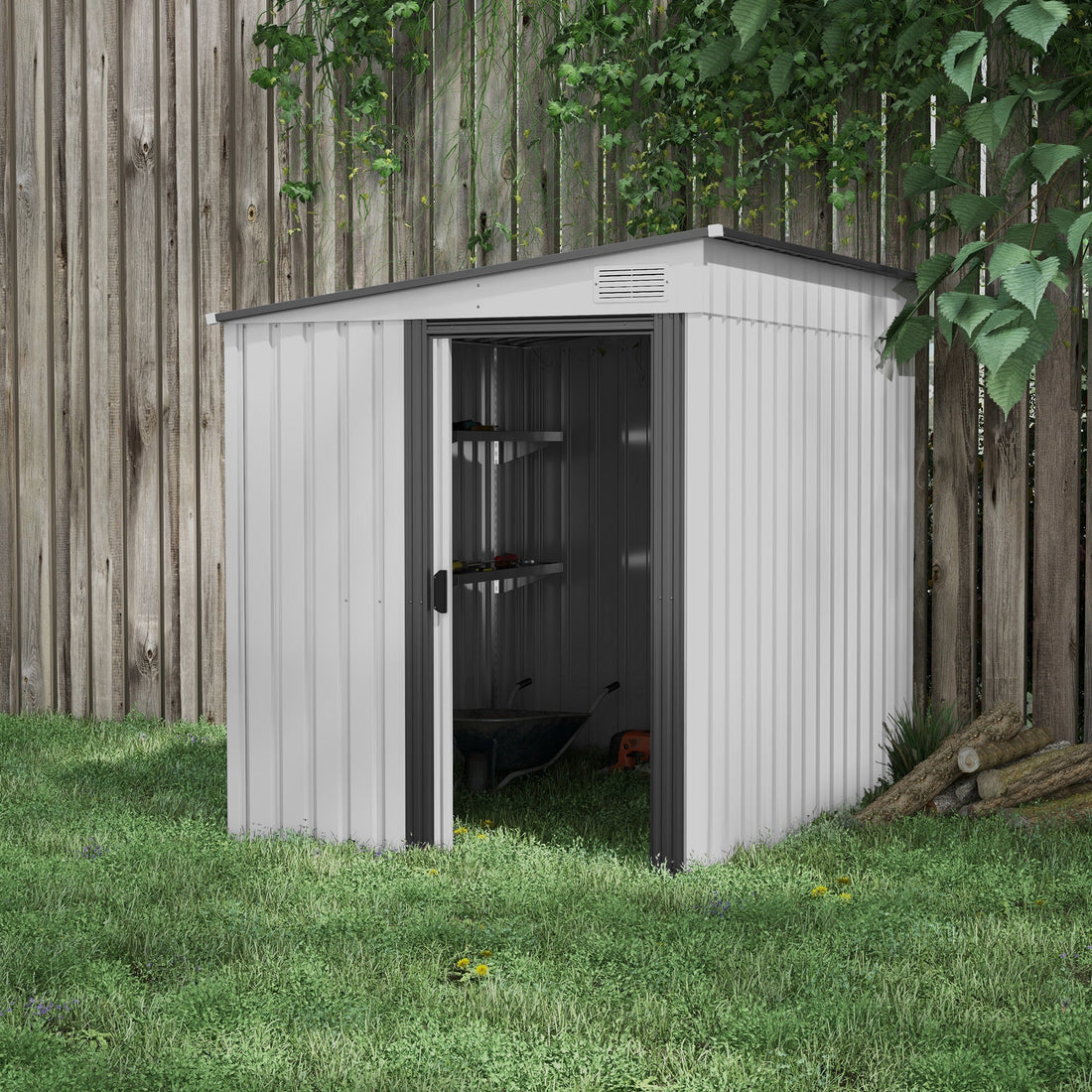 7 x 5ft Galvanised Metal Shed, with Sliding Door - White
