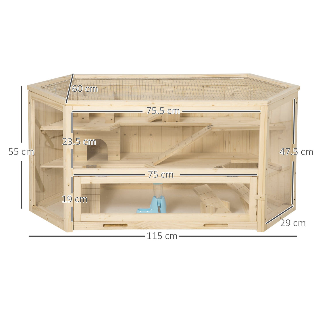 3 Tier Wooden Large Hamster Cage with Sliding Tray, Seesaws, Water Bottle, Natural