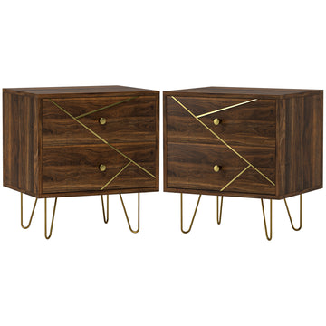 Bedside Tables Set of 2, Modern Side Table Set with 2 Drawers and Steel Hairpin Legs, Nightstand for Bedroom, Brown Wood Grain