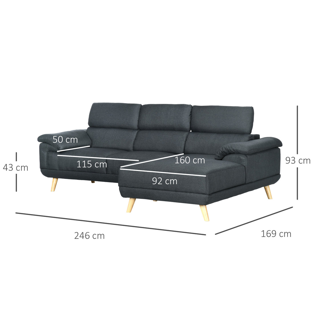 3 Seater Corner Sofas for Living Room with Adjustable Headrest, Fabric L Shaped Sofa Settee, Couch, Dark Grey