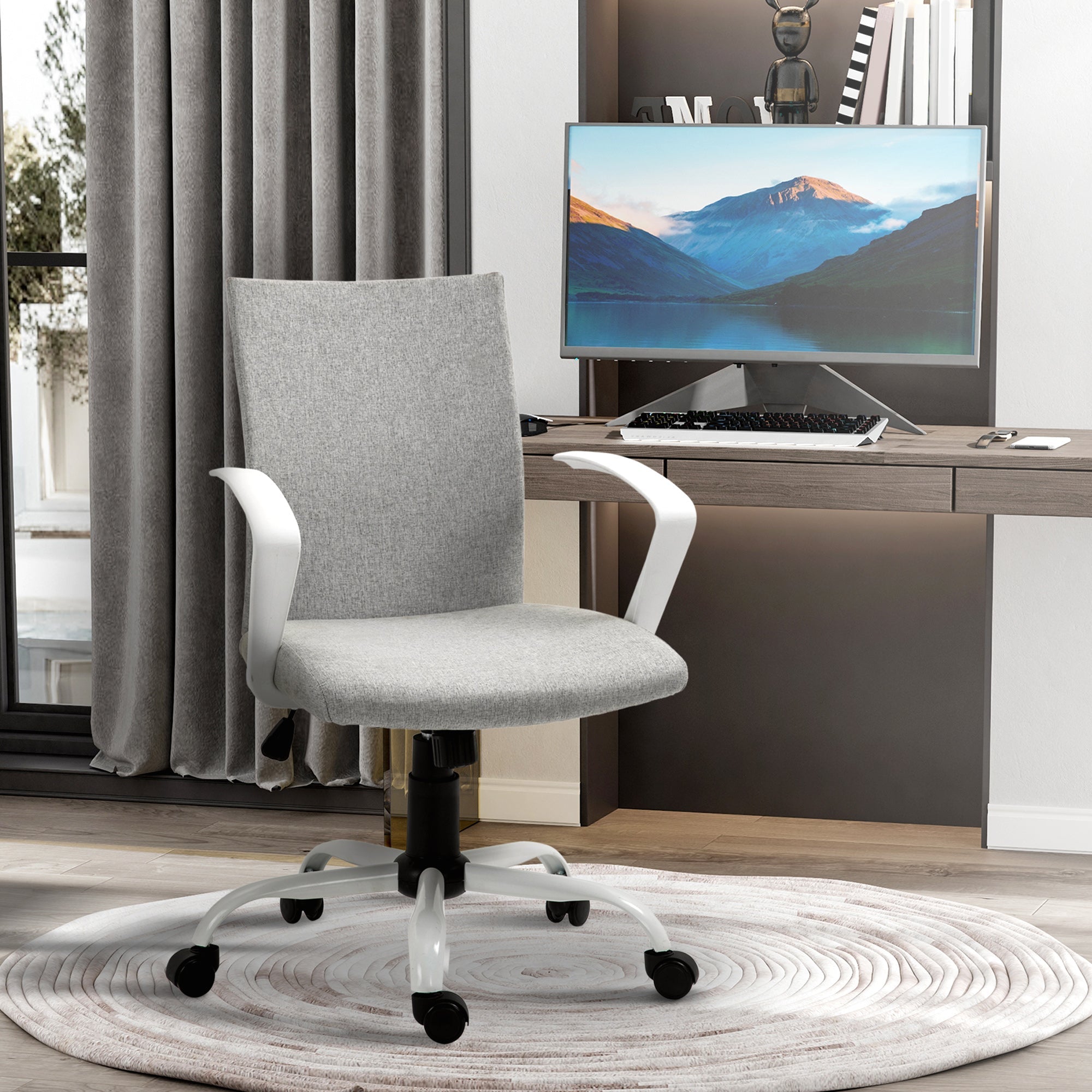 Office Chair Linen Swivel Computer Desk Chair Home Study Task Chair with Wheels, Arm, Adjustable Height, Dark Grey