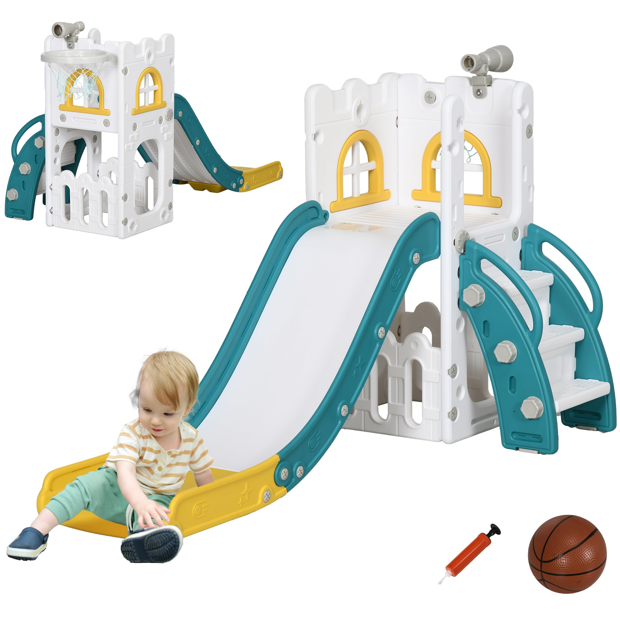 4 in 1 Toddler Slide with Basketball Hoop, Climber, Telescope, Storage Basket, for Ages 1-3 Years, Yellow