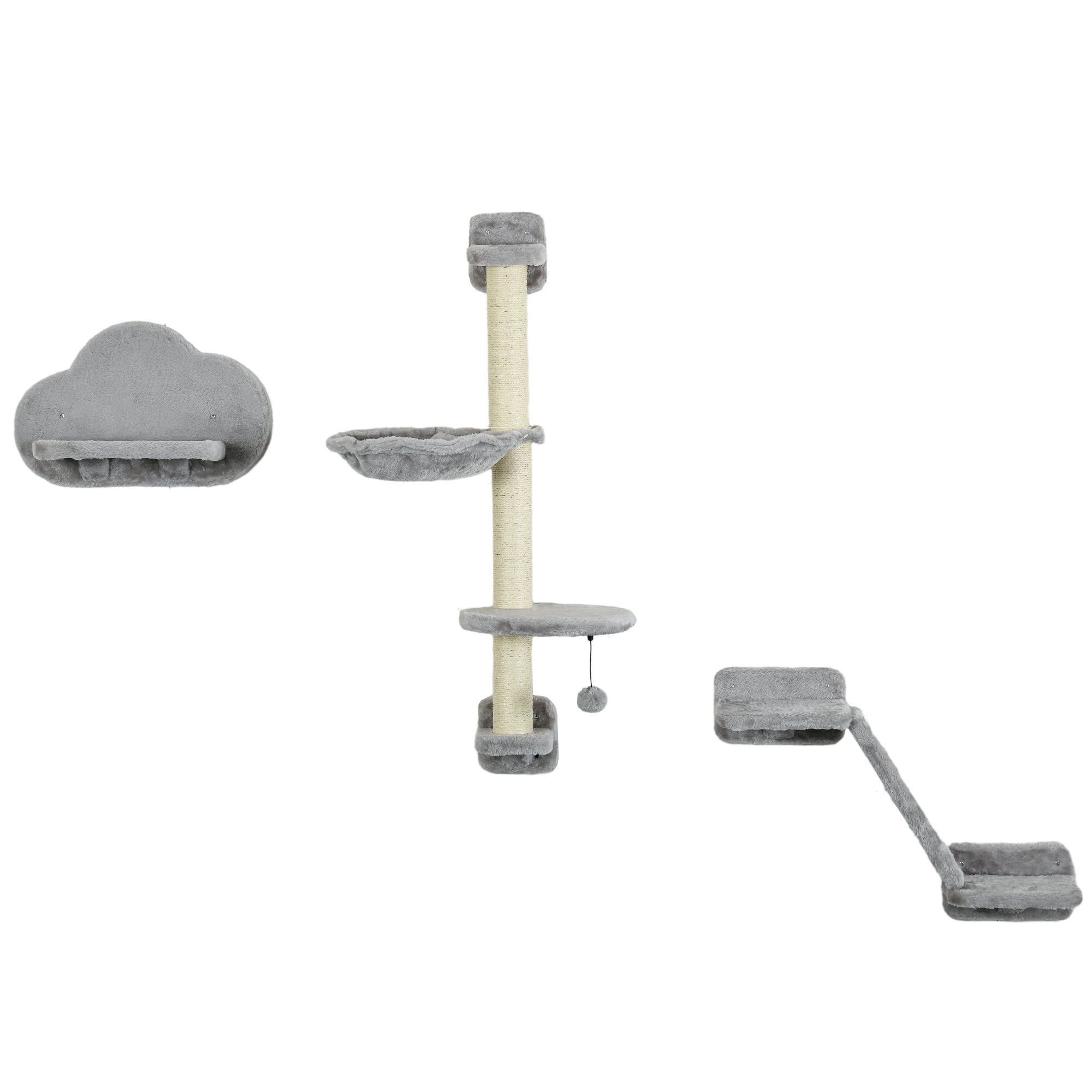 Three-Piece Wall-Mounted Cat Shelves, with Hammock, Ladder, Platforms, Scratching Post - Grey