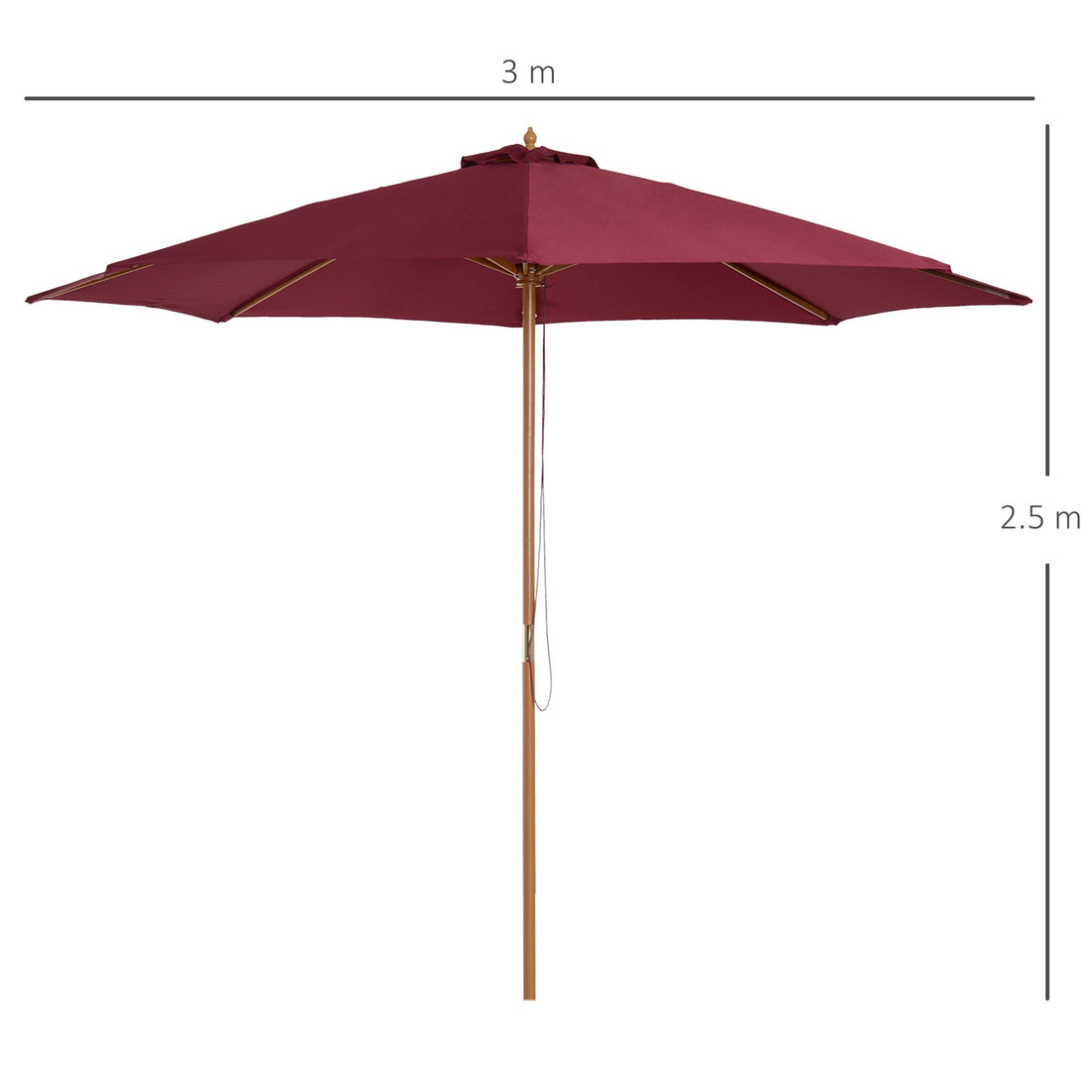 3(m) Garden Parasol, Pulley Operated Patio Umbrella, Wooden Table Market Umbrella with Rope Pulley Mechanism and 8 Ribs, Wine Red