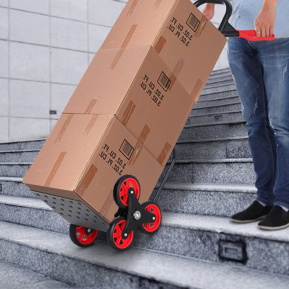 Steel Climbing Stairs Trolley Hand Trucks 6-Wheels Foldable Load Cart 120kg, Red