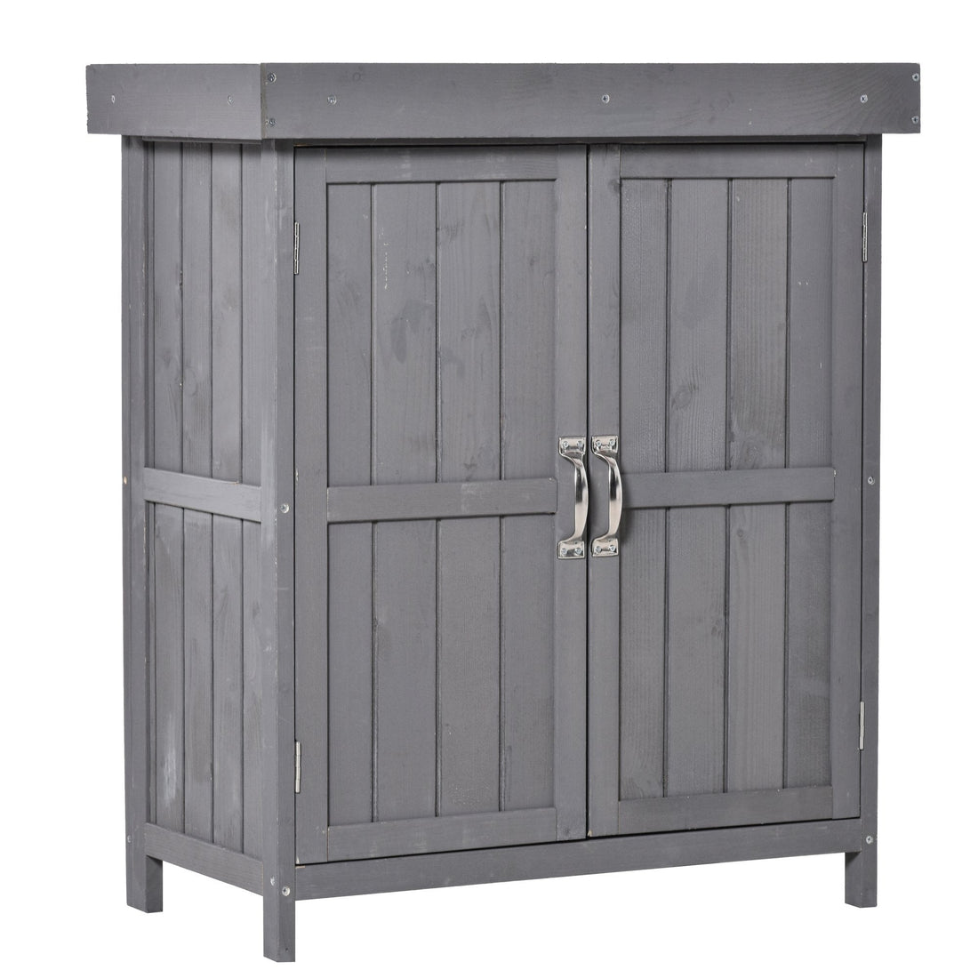 Wooden Garden Storage Shed with Hinged Roof and Shelves, Outdoor Storage Cabinet Chest, Double Doors, 74 x 43 x 88cm, Grey