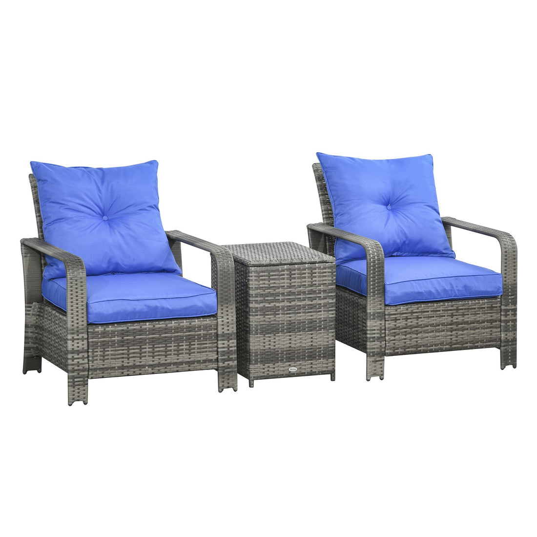 3 Pieces Rattan Bistro Set, Wicker Garden Furniture Set with Storage Coffee Table and Chairs, Thickened Cushions for Outdoor, Patio, Balcony, Blue
