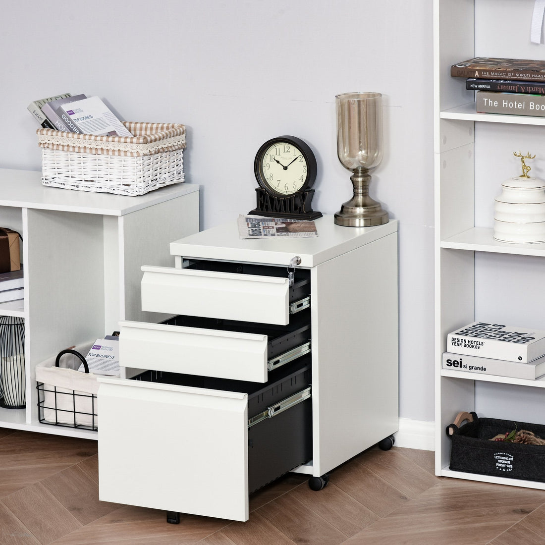 3 Drawer Filling Cabinet, Mobile Metal File Cabinet with Anti-tilt Design for Letter, A4, Legal Size, White