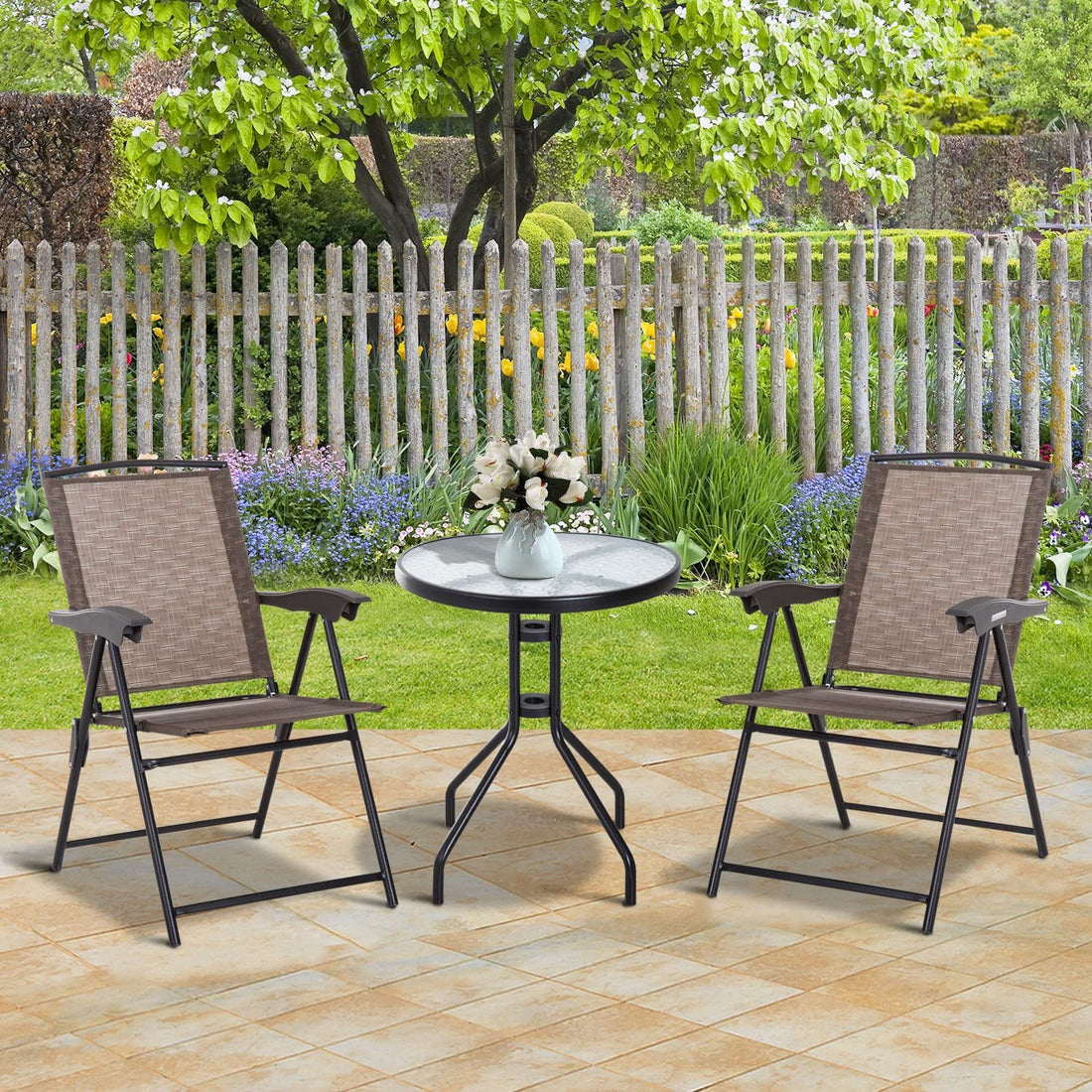 3 Piece Outdoor Bistro Set, Patio Conversation Furniture Set with 2 Folding Backrest Adjustable Armchairs and Glass Top Coffee Table, Brown