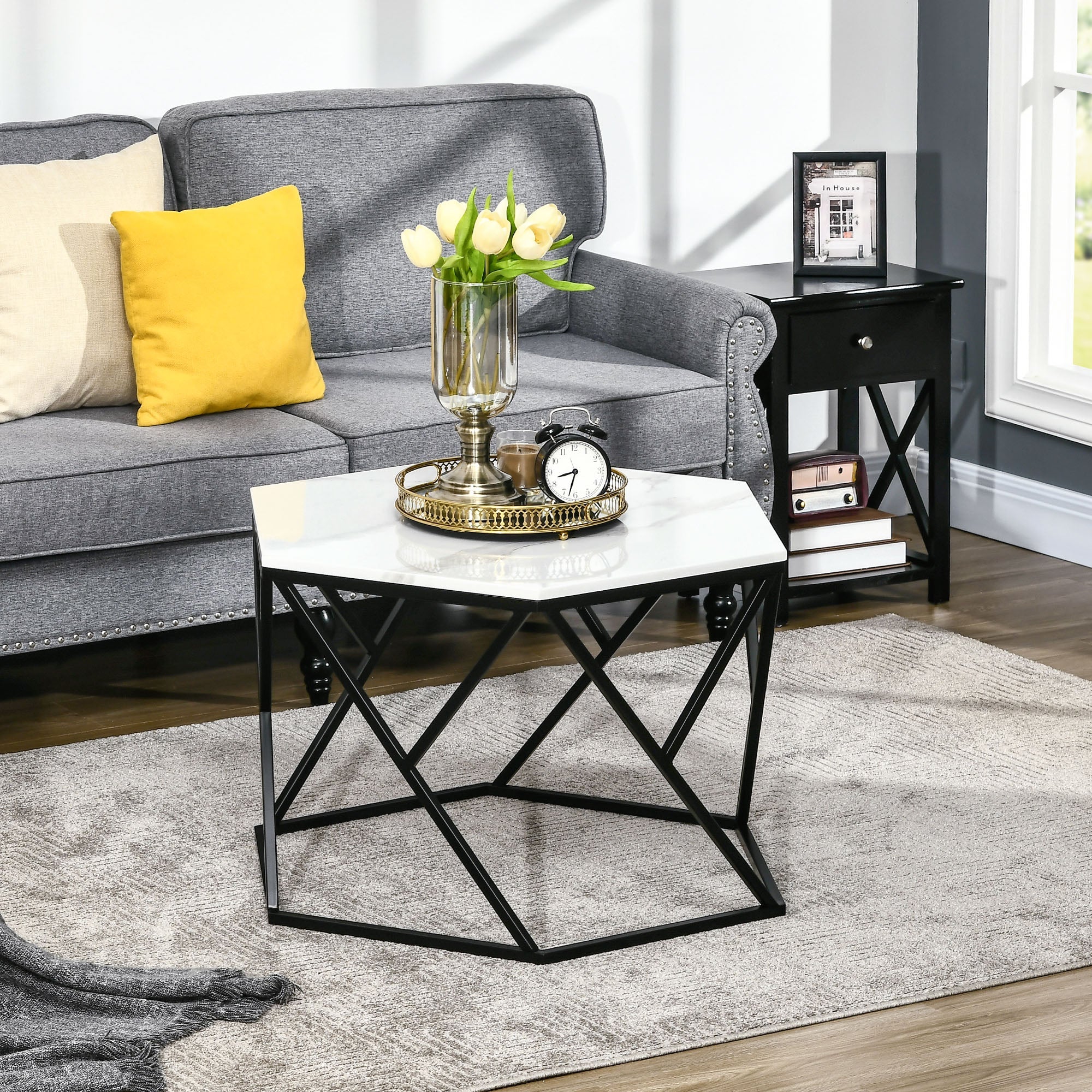 Hexagonal Coffee Table with High Gloss Marble Effect Table Top, Modern Cocktail Table with Steel Frame for Living Room, White