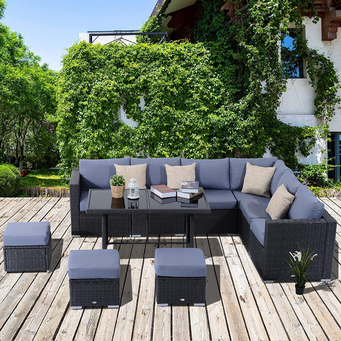 9-Seater Garden Rattan Furniture 10 Pcs Rattan Corner Dining Sofa Set, Grey/Dusty Blue Cushion