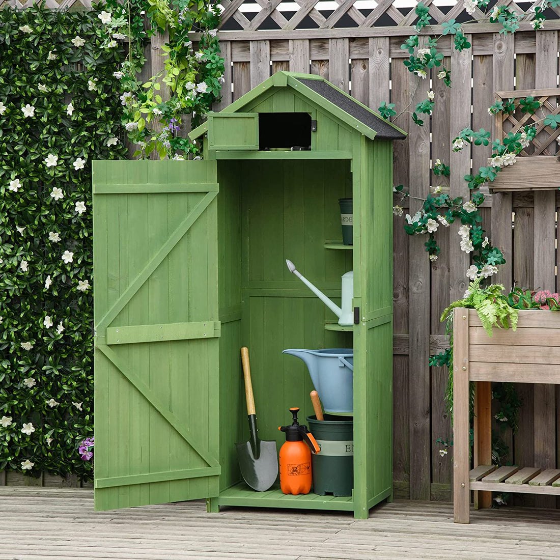 Wooden Garden Shed, Utility Outdoor Small Shed with Lockable Double Doors, Shelves and Roof Hatch, Dark Green