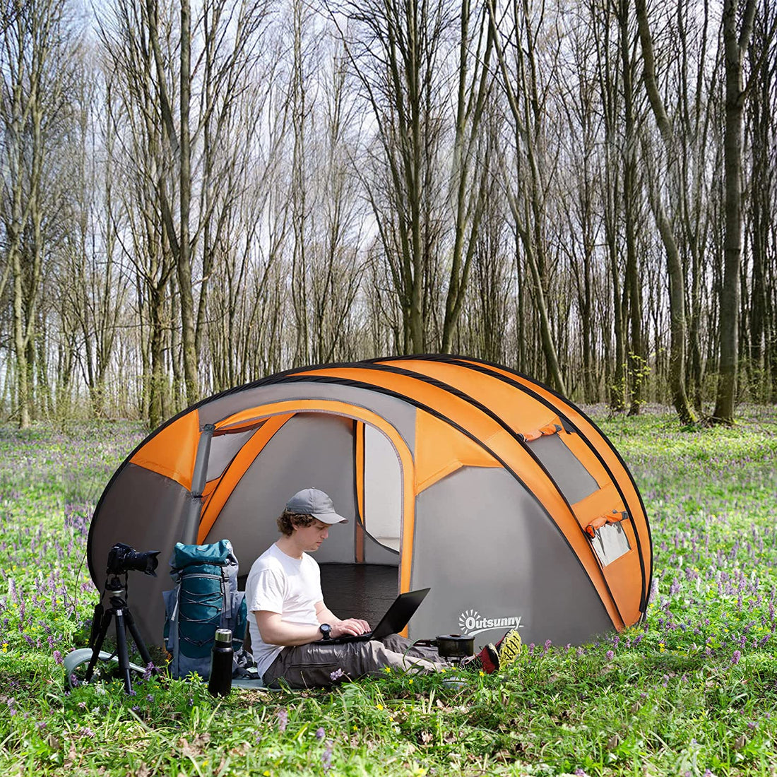 4-5 Person Pop-up Camping Tent Family Tent w/ 2 Mesh Windows & PVC Windows Portable Carry Bag for Outdoor Trip, Orange
