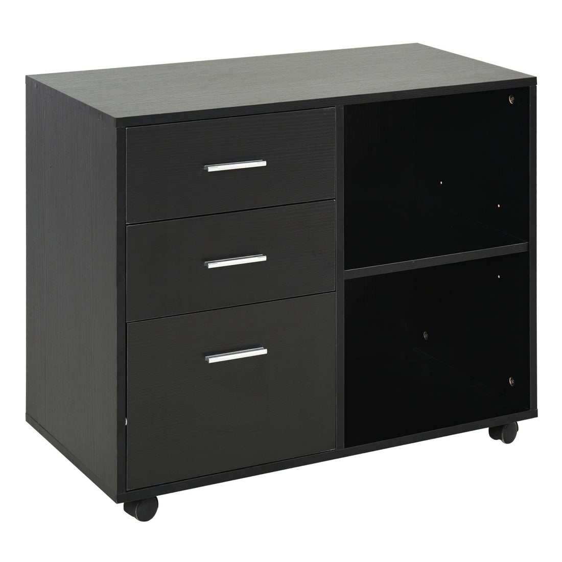 Freestanding Printer Stand Unit Office Desk Side Mobile Storage w/ Wheels 3 Drawers, 2 Open Shelves Modern Style 80L x 40W x 65H cm - Black
