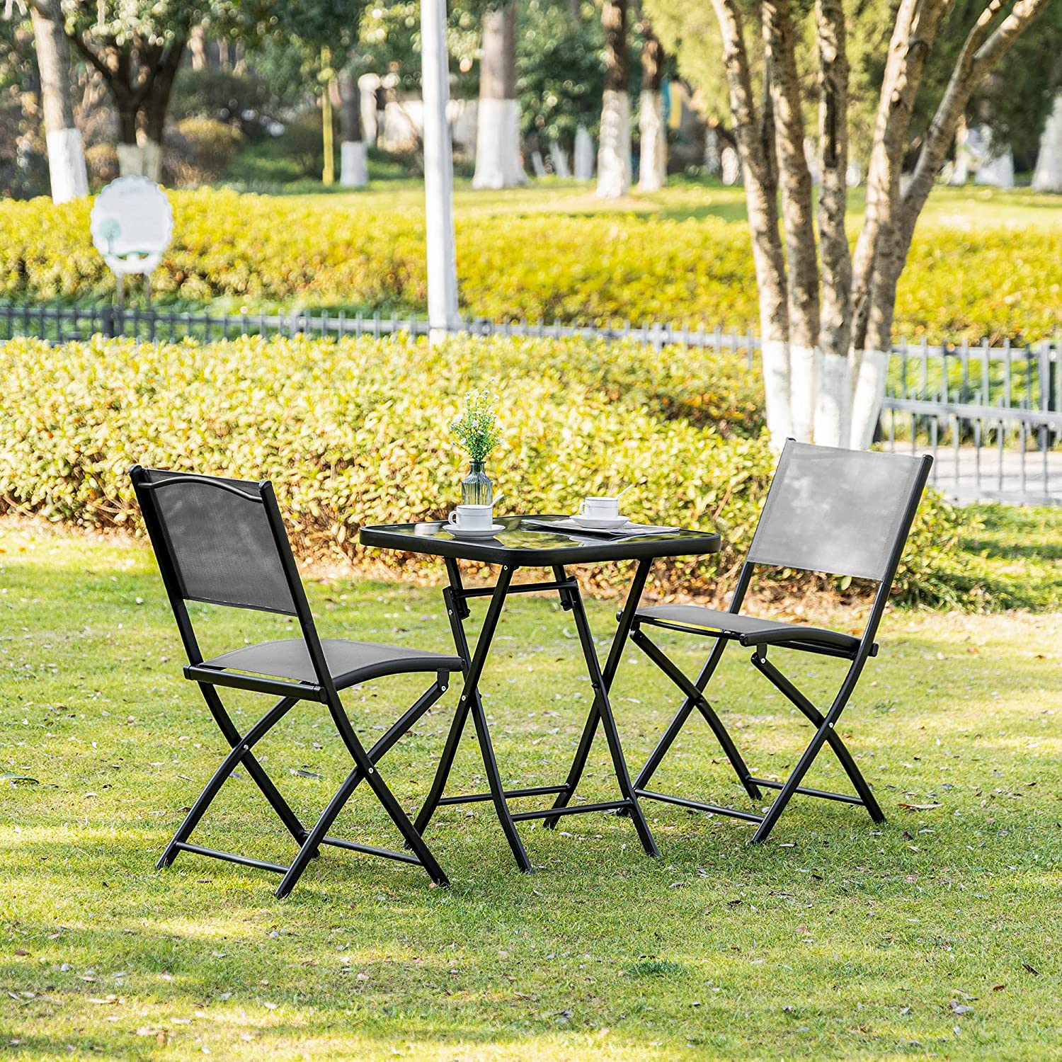 3 Pieces Garden Bistro Set, Folding Patio Table with Glass Table Top and 2 Chairs, Outdoor Furniture Set for Garden and Porch, Black
