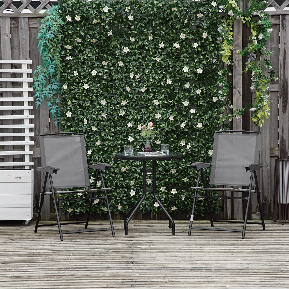 3 Piece Outdoor Bistro Set, Patio Conversation Furniture Set with 2 Folding Backrest Adjustable Armchairs and Glass Top Coffee Table, Grey
