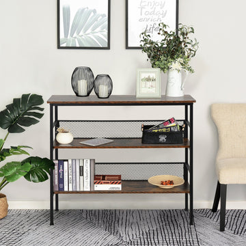 3-Tier Storage Display Shelf, Industrial Bookshelf with Adjustable Feet, Metal Frame Shelving Unit for Study, Living Room, Kitchen, Rustic Brown and Black