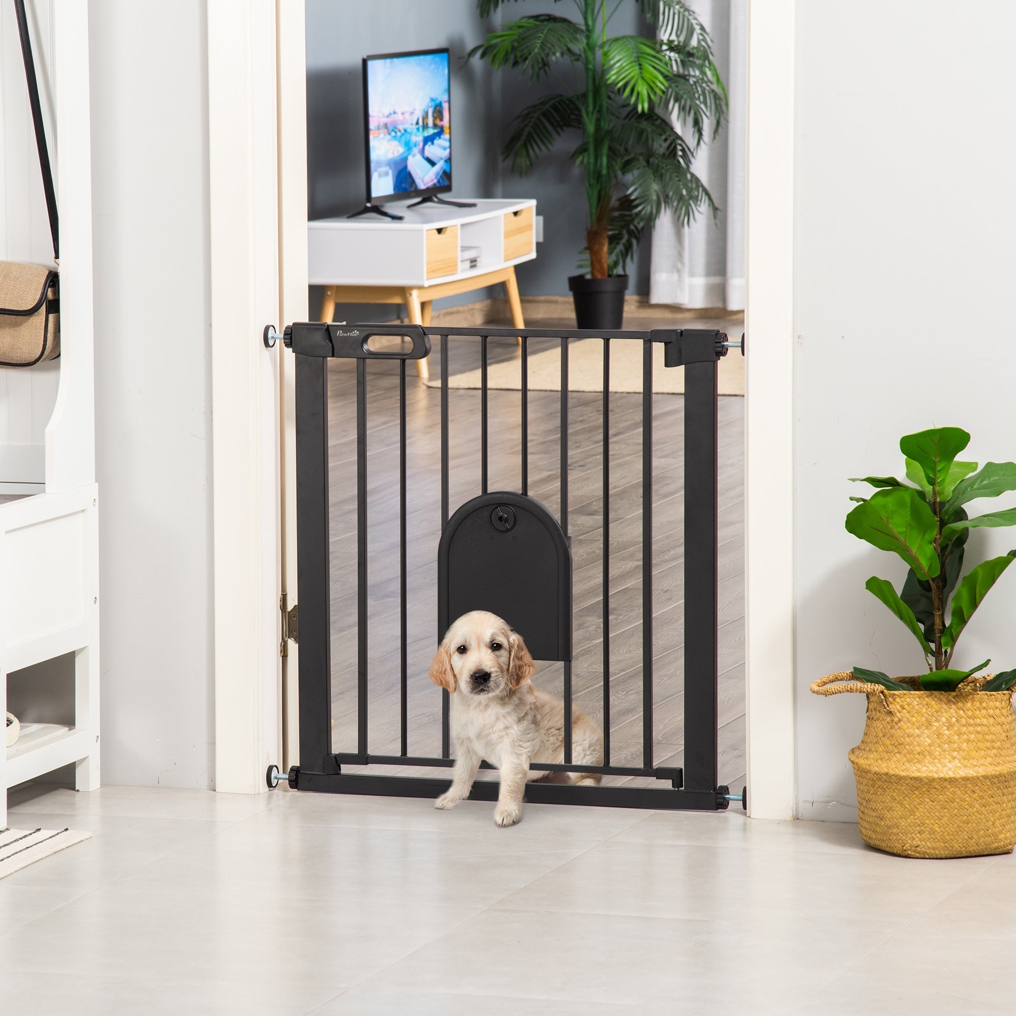 Dog Gate with Cat Flap Pet Safety Gate Barrier, Stair Pressure Fit, Auto Close, Double Locking, for Doorways, Hallways, 75-82 cm Black