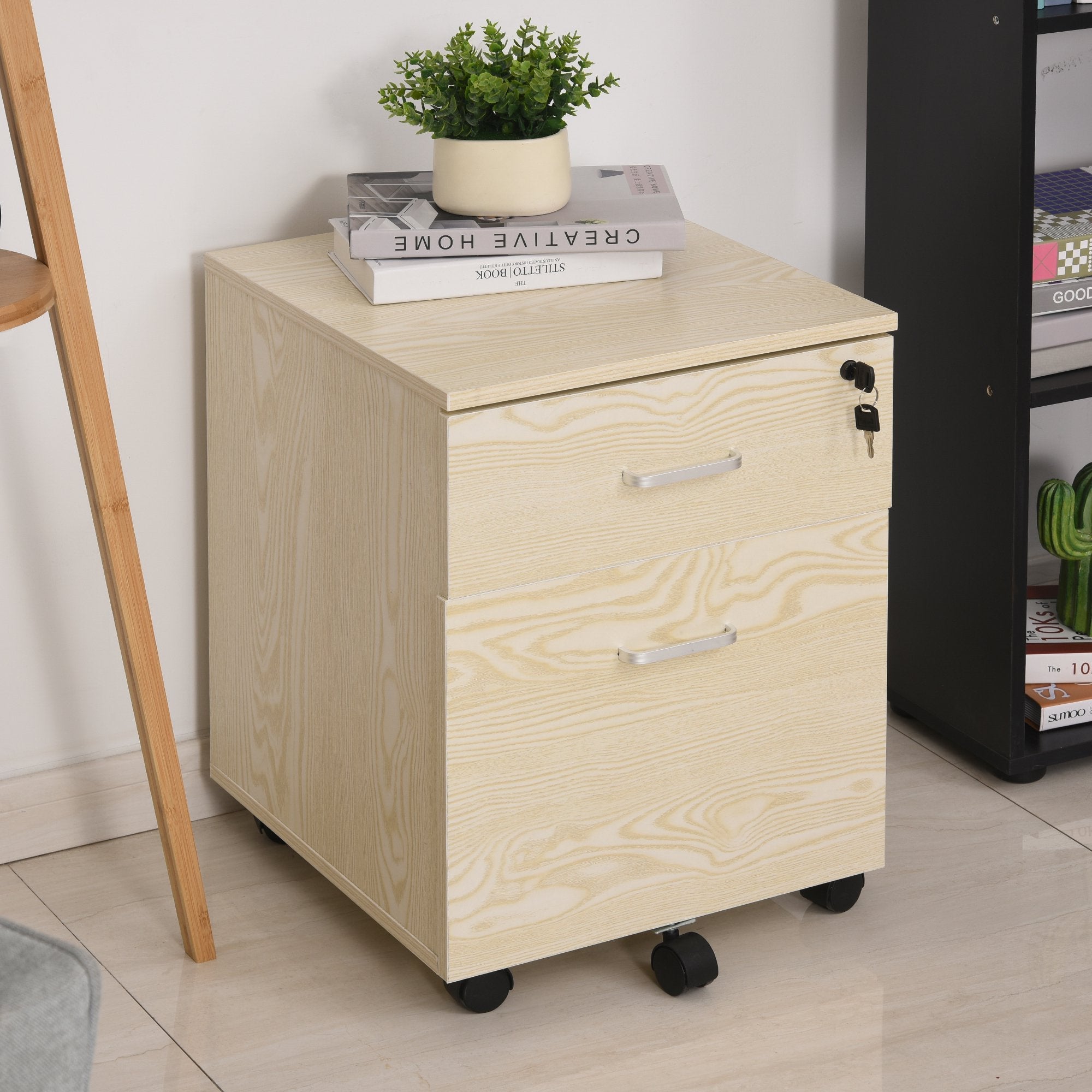 2-Drawer Locking Office Filing Cabinet w/ 5 Wheels Rolling Storage Hanging Legal Letter Files Cupboard Home Organisation, Oak Wood Grain