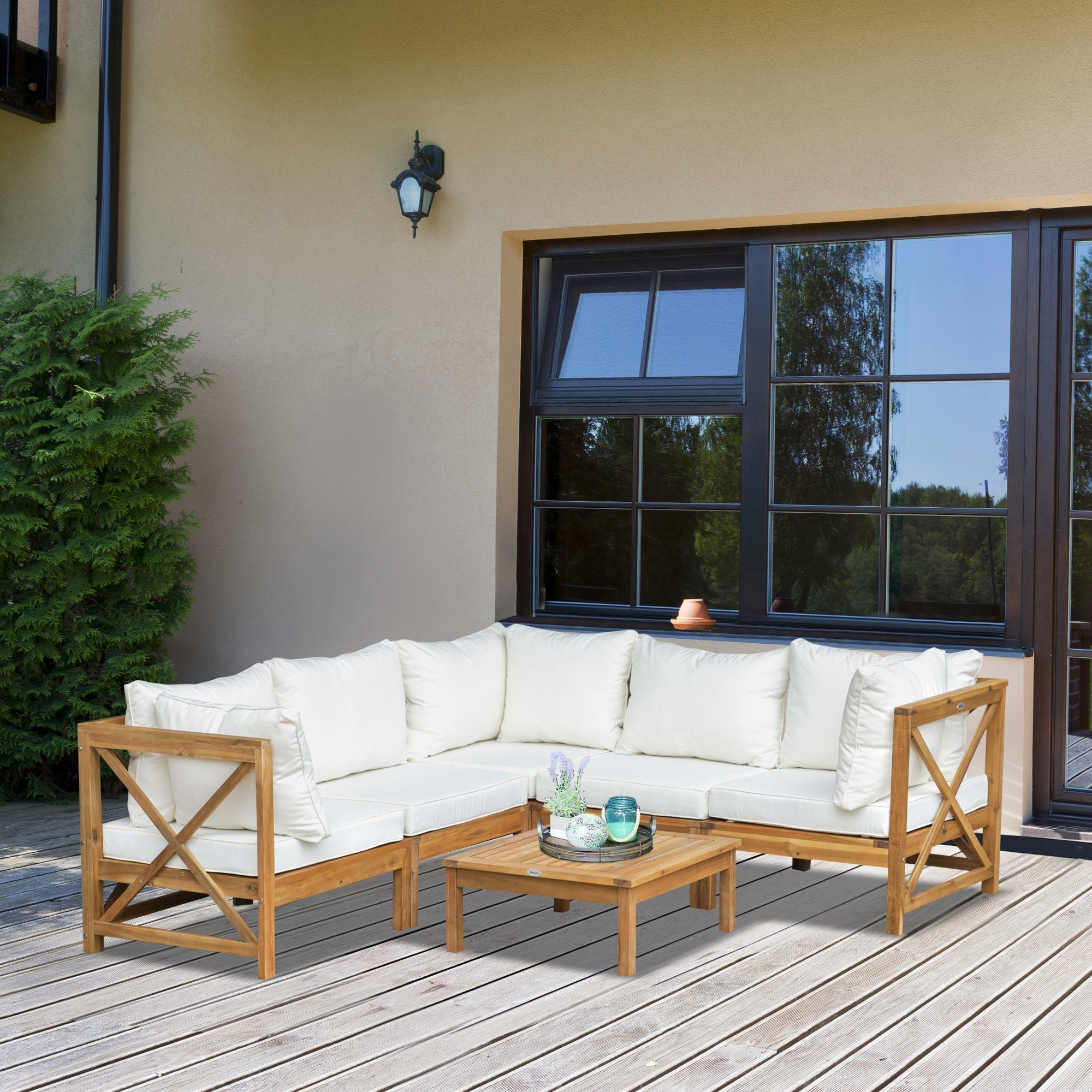 6 PCS Elegant Wood Frame Outdoor Patio Dining Set w/ Cushions Coffee Table Garden Furniture Sofa Comfort Balcony Patio Cream White
