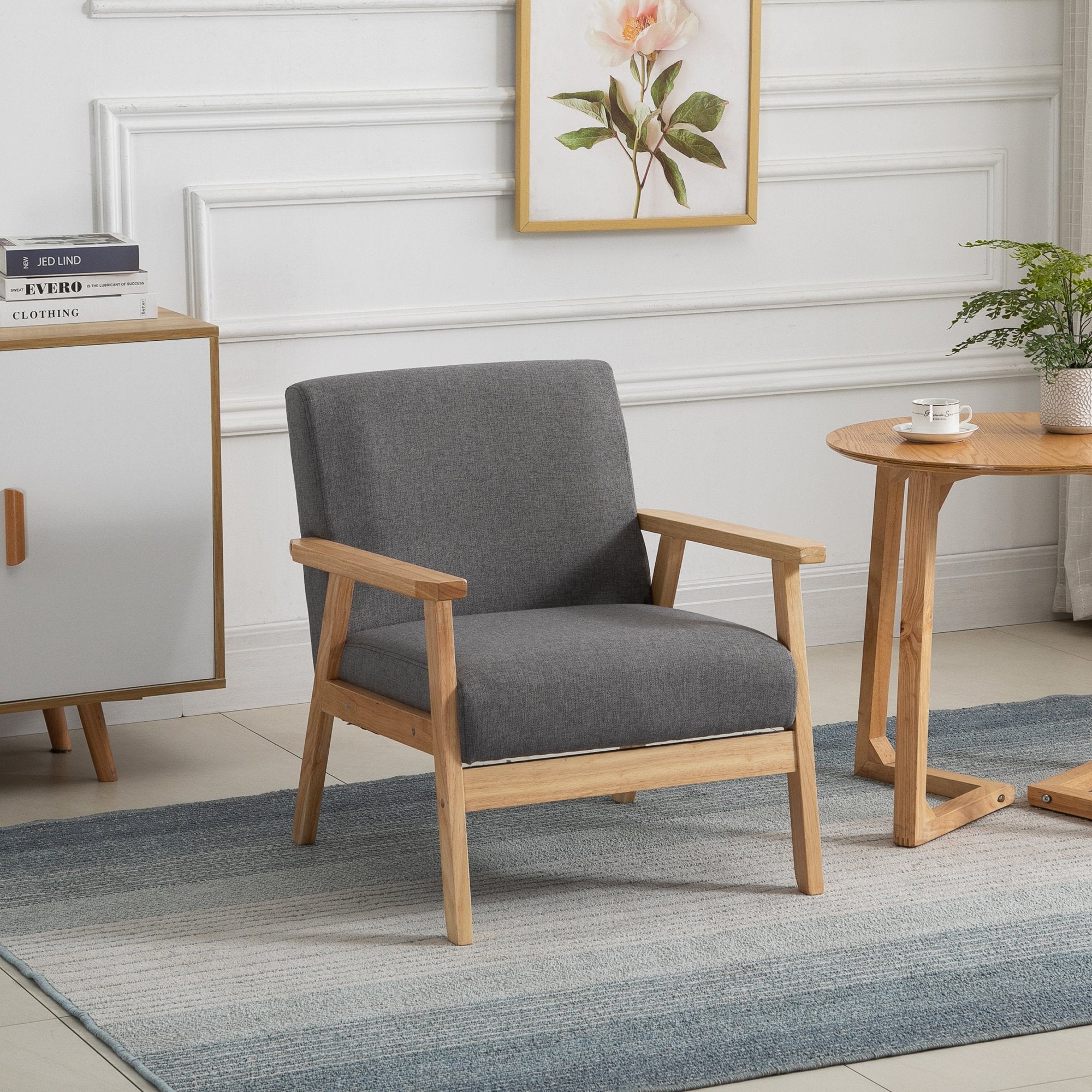 Minimalistic Wooden Frame Accent Chair, with Padded Seat