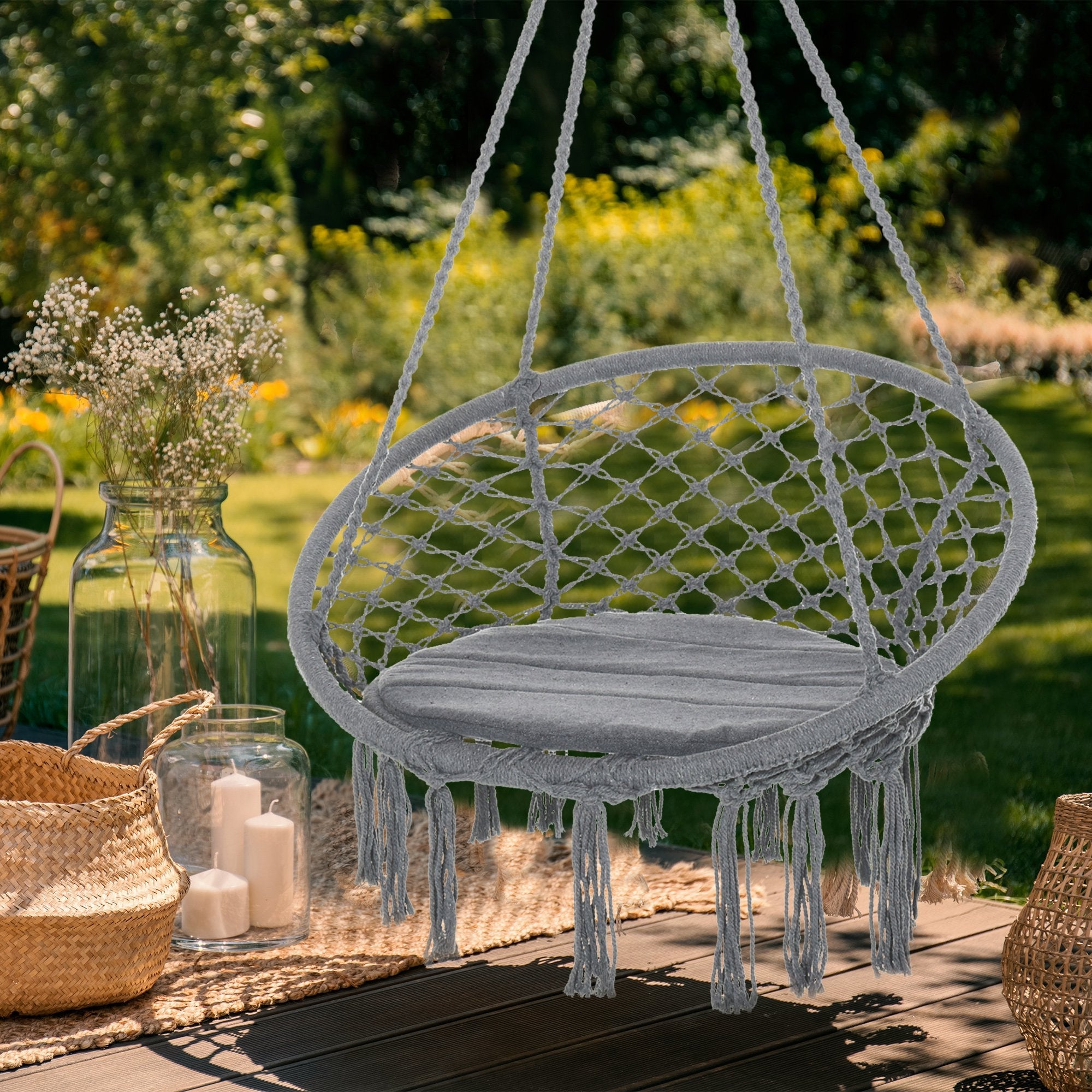 Outdoor Cotton-Polyester Blend Macrame Hanging Rope Chair with Cushion, Portable Garden Chair with Fringe Tassels for Patio, Deck, Tree, Grey