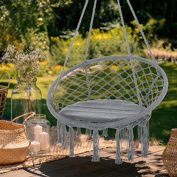 Outdoor Cotton-Polyester Blend Macrame Hanging Rope Chair with Cushion, Portable Garden Chair with Fringe Tassels for Patio, Deck, Tree, Grey